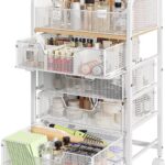 A white Hongtamoya rolling makeup cart with four drawers, shown with various cosmetics and skincare products organized on top