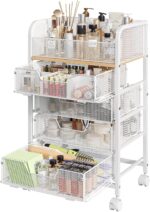 A white Hongtamoya rolling makeup cart with four drawers, shown with various cosmetics and skincare products organized on top