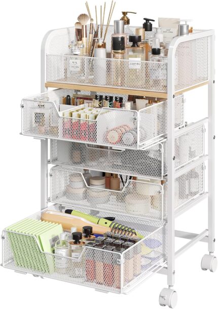 A white Hongtamoya rolling makeup cart with four drawers, shown with various cosmetics and skincare products organized on top