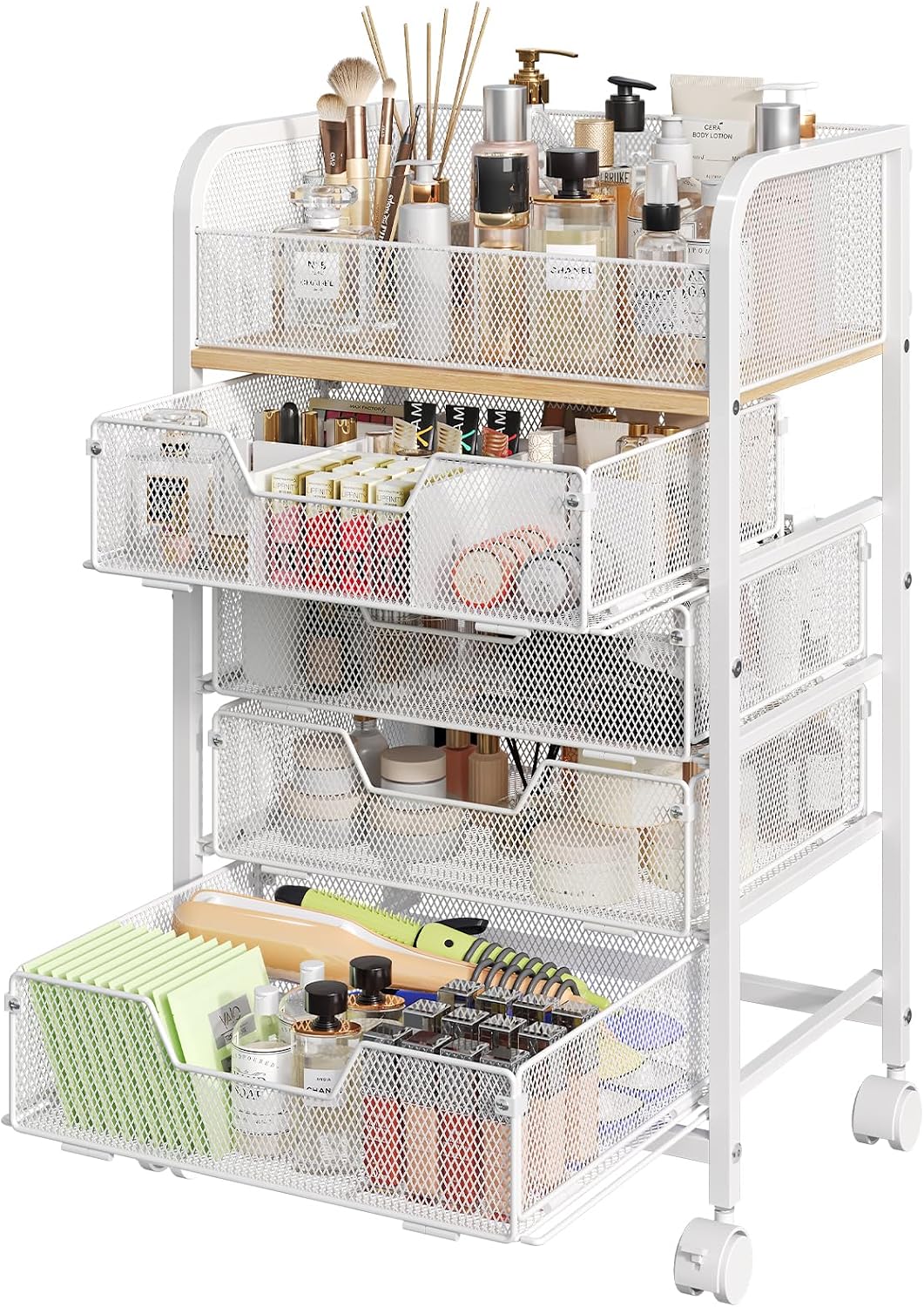 hongtamoya-white-rolling-makeup-cart-with-4-drawers-26-7-h-01 A white Hongtamoya rolling makeup cart with four drawers, shown with various cosmetics and skincare products organized on top