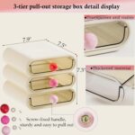 MavHubrix 3-Tier Cream White Makeup Organizer with colorful knobs on a vanity, holding cosmetics and small items.