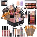 An open MTDXILTAI All-in-One 58-piece Black Makeup Kit showcasing eyeshadow palettes, lip glosses, brushes, and foundation.