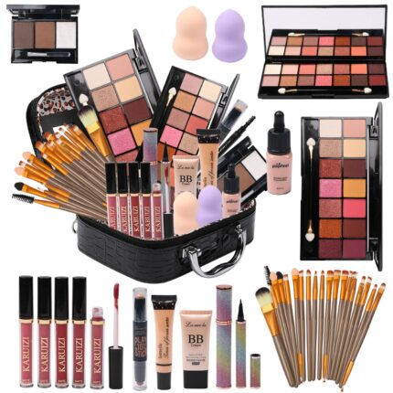 An open MTDXILTAI All-in-One 58-piece Black Makeup Kit showcasing eyeshadow palettes, lip glosses, brushes, and foundation.