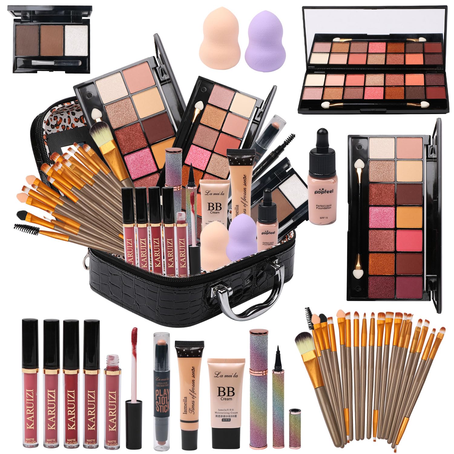 Version 1.0.0 An open MTDXILTAI All-in-One 58-piece Black Makeup Kit showcasing eyeshadow palettes, lip glosses, brushes, and foundation.