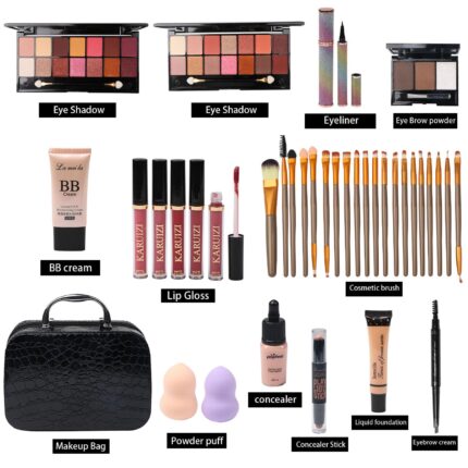 An open MTDXILTAI All-in-One 58-piece Black Makeup Kit showcasing eyeshadow palettes, lip glosses, brushes, and foundation.