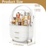 A white and gold NestOrganix makeup organizer with three drawers and a clear top cover, filled with various cosmetics.