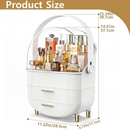 A white and gold NestOrganix makeup organizer with three drawers and a clear top cover, filled with various cosmetics.