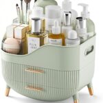 Pajiriona sage green makeup organizer with two drawers and a top compartment, featuring a handle, displayed on a vanity.