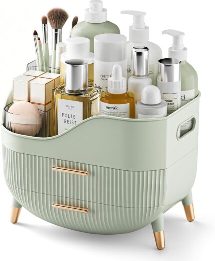 Pajiriona sage green makeup organizer with two drawers and a top compartment, featuring a handle, displayed on a vanity.