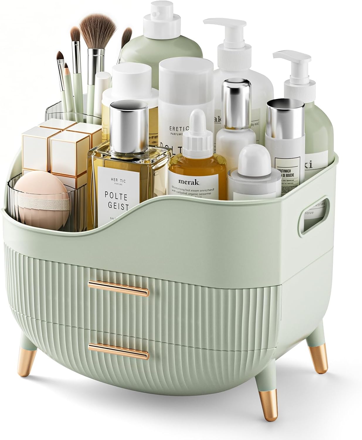 pajiriona-sage-green-makeup-organizer-with-drawers-handle-01 Pajiriona sage green makeup organizer with two drawers and a top compartment, featuring a handle, displayed on a vanity.