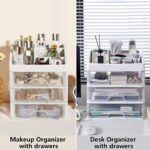 White PTBSZCWY makeup organizer with three pull-out drawers and an open top compartment for displaying cosmetics.