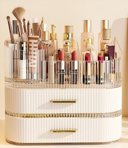 A cream white SpaceLuxe 3-tier makeup organizer with a rotating brush holder, filled with makeup and skincare products.