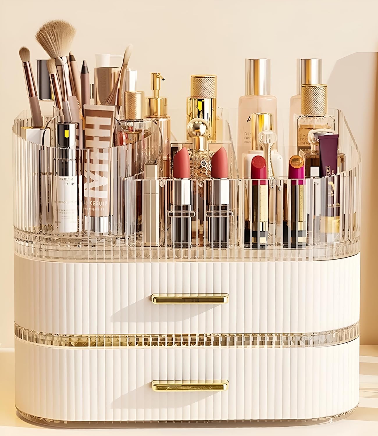 spaceluxe-large-3-tier-makeup-organizer-with-3600-rotating-brush-holder-cream-white-01 A cream white SpaceLuxe 3-tier makeup organizer with a rotating brush holder, filled with makeup and skincare products.