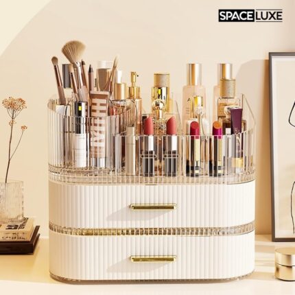A cream white SpaceLuxe 3-tier makeup organizer with a rotating brush holder, filled with makeup and skincare products.