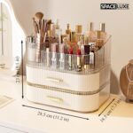 A cream white SpaceLuxe 3-tier makeup organizer with a rotating brush holder, filled with makeup and skincare products.