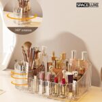 A cream white SpaceLuxe 3-tier makeup organizer with a rotating brush holder, filled with makeup and skincare products.