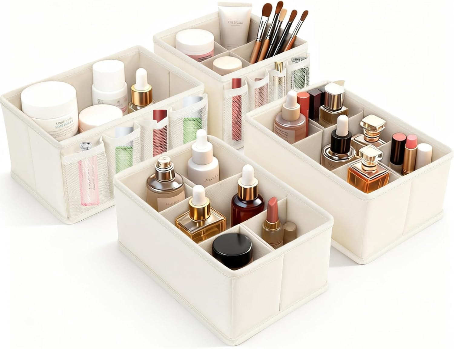 veronly-adjustable-fabric-cosmetic-storage-bins-set-of-4-beige-organizers-01 Set of four beige VERONLY fabric makeup organizer bins, with one rectangular bin showing adjustable dividers and three square