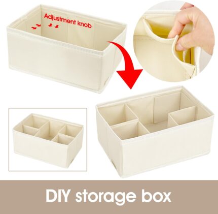 Set of four beige VERONLY fabric makeup organizer bins, with one rectangular bin showing adjustable dividers and three square