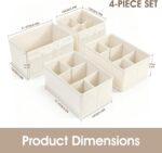 Set of four beige VERONLY fabric makeup organizer bins, with one rectangular bin showing adjustable dividers and three square