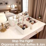 Set of four beige VERONLY fabric makeup organizer bins, with one rectangular bin showing adjustable dividers and three square