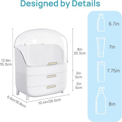 White Vtopmart 3-Tier Skincare Organizer with clear lid, two drawers, and gold handles, filled with beauty products.