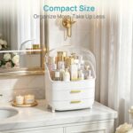 White Vtopmart 3-Tier Skincare Organizer with clear lid, two drawers, and gold handles, filled with beauty products.