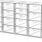 Four clear acrylic makeup organizers stacked and side-by-side, showcasing multiple drawers filled with various cosmetics and 