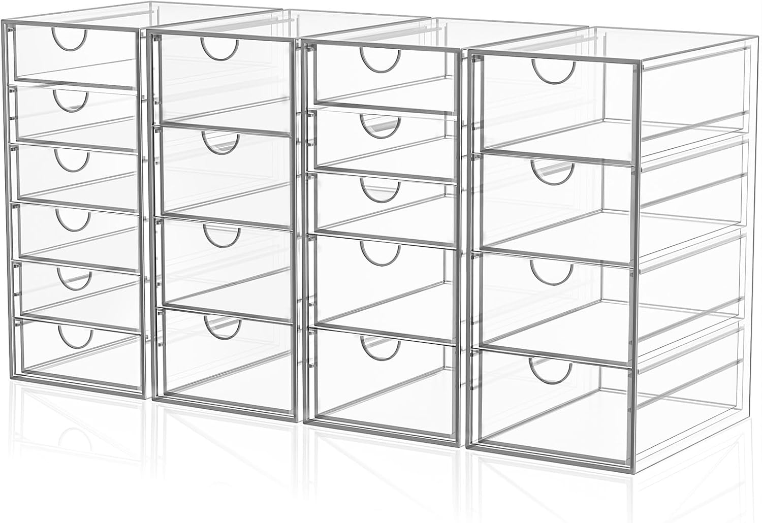 yfxcvsl-acrylic-makeup-organizer-with-19-drawers-4-pack-storage-solution-01 Four clear acrylic makeup organizers stacked and side-by-side, showcasing multiple drawers filled with various cosmetics and