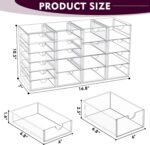 Four clear acrylic makeup organizers stacked and side-by-side, showcasing multiple drawers filled with various cosmetics and