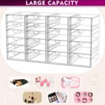 Four clear acrylic makeup organizers stacked and side-by-side, showcasing multiple drawers filled with various cosmetics and