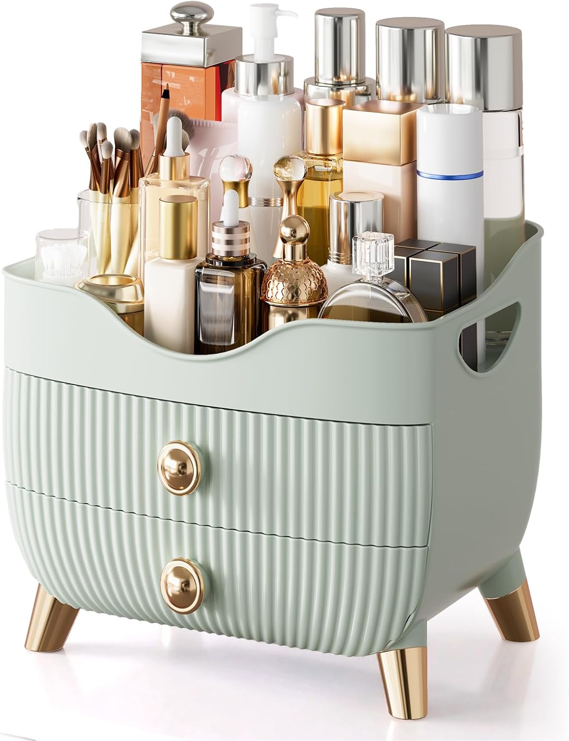 ygjt-green-makeup-organizer-for-vanity-large-capacity-cosmetic-storage-with-drawers-01 Green YGJT makeup organizer with two drawers and a top compartment, featuring a golden handle and filled with various cosmeti