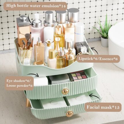 Green YGJT makeup organizer with two drawers and a top compartment, featuring a golden handle and filled with various cosmeti