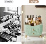 Green YGJT makeup organizer with two drawers and a top compartment, featuring a golden handle and filled with various cosmeti