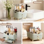 Green YGJT makeup organizer with two drawers and a top compartment, featuring a golden handle and filled with various cosmeti