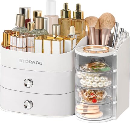 White countertop makeup organizer with two drawers and an open top compartment, filled with various cosmetic products.