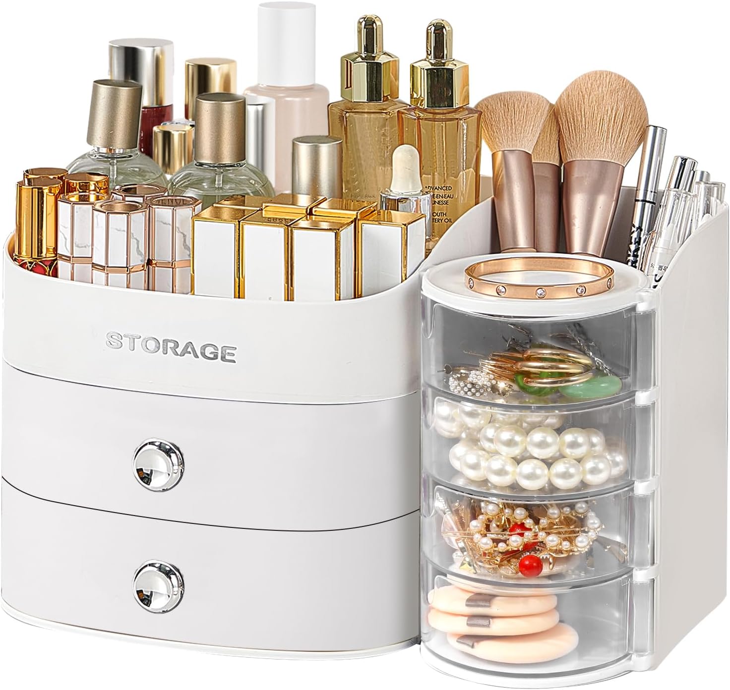 ygjt-white-countertop-makeup-organizer-with-drawers-for-vanity-1-count-01 White countertop makeup organizer with two drawers and an open top compartment, filled with various cosmetic products.