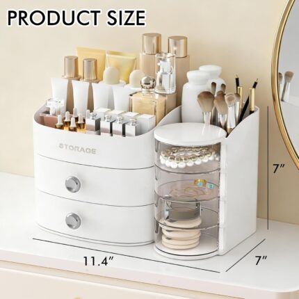 White countertop makeup organizer with two drawers and an open top compartment, filled with various cosmetic products.