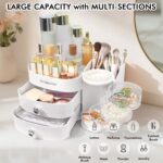 White countertop makeup organizer with two drawers and an open top compartment, filled with various cosmetic products.