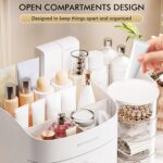 White countertop makeup organizer with two drawers and an open top compartment, filled with various cosmetic products.