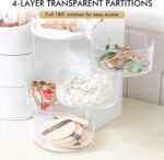 White countertop makeup organizer with two drawers and an open top compartment, filled with various cosmetic products.